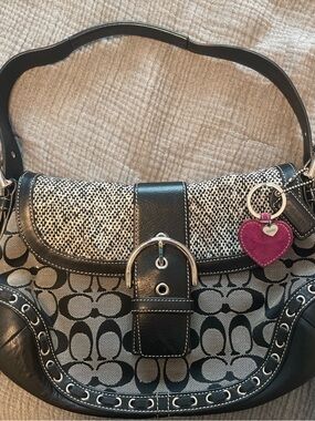 Coach Black and Cream Signature Hobo with Pink Heart Charm